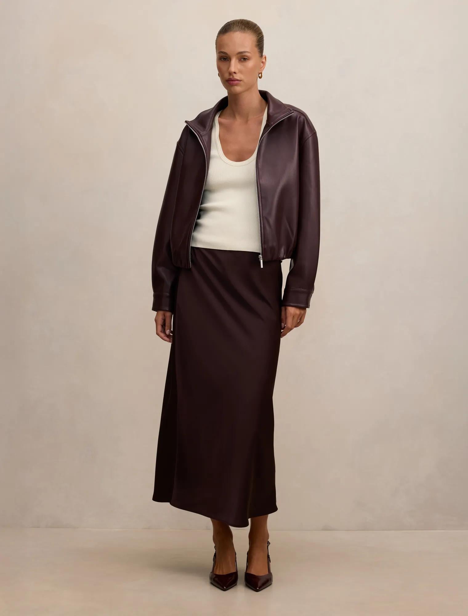 Julia Faux Leather Funnel Neck Jacket Berry