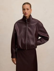 Julia Faux Leather Funnel Neck Jacket Berry