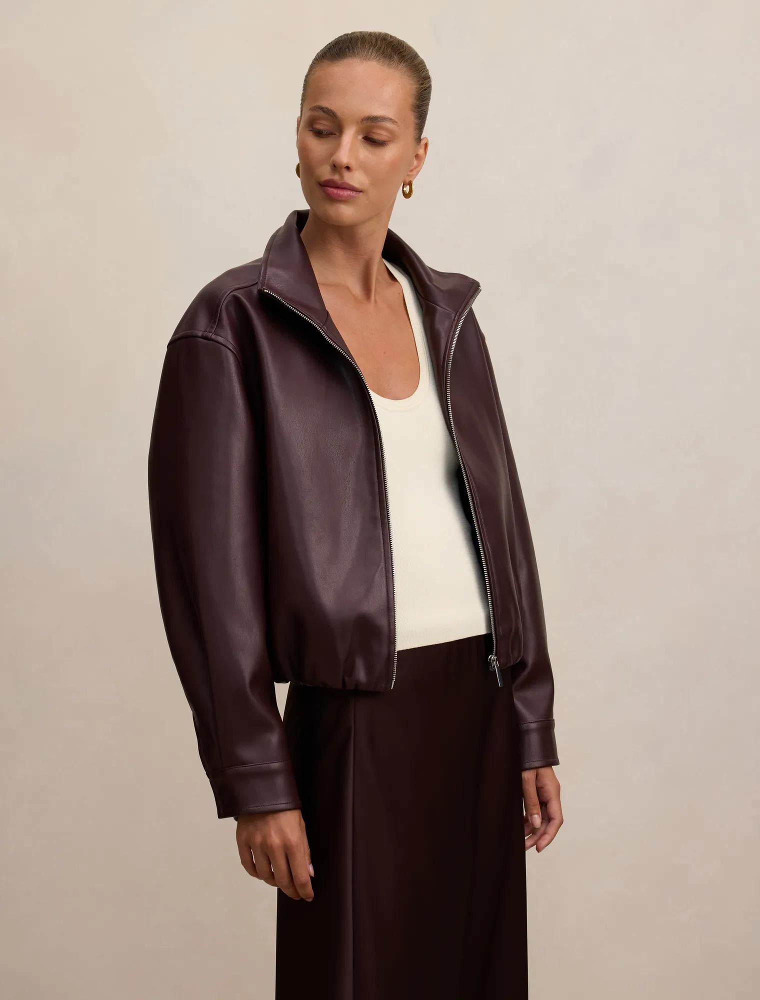 Julia Faux Leather Funnel Neck Jacket Berry