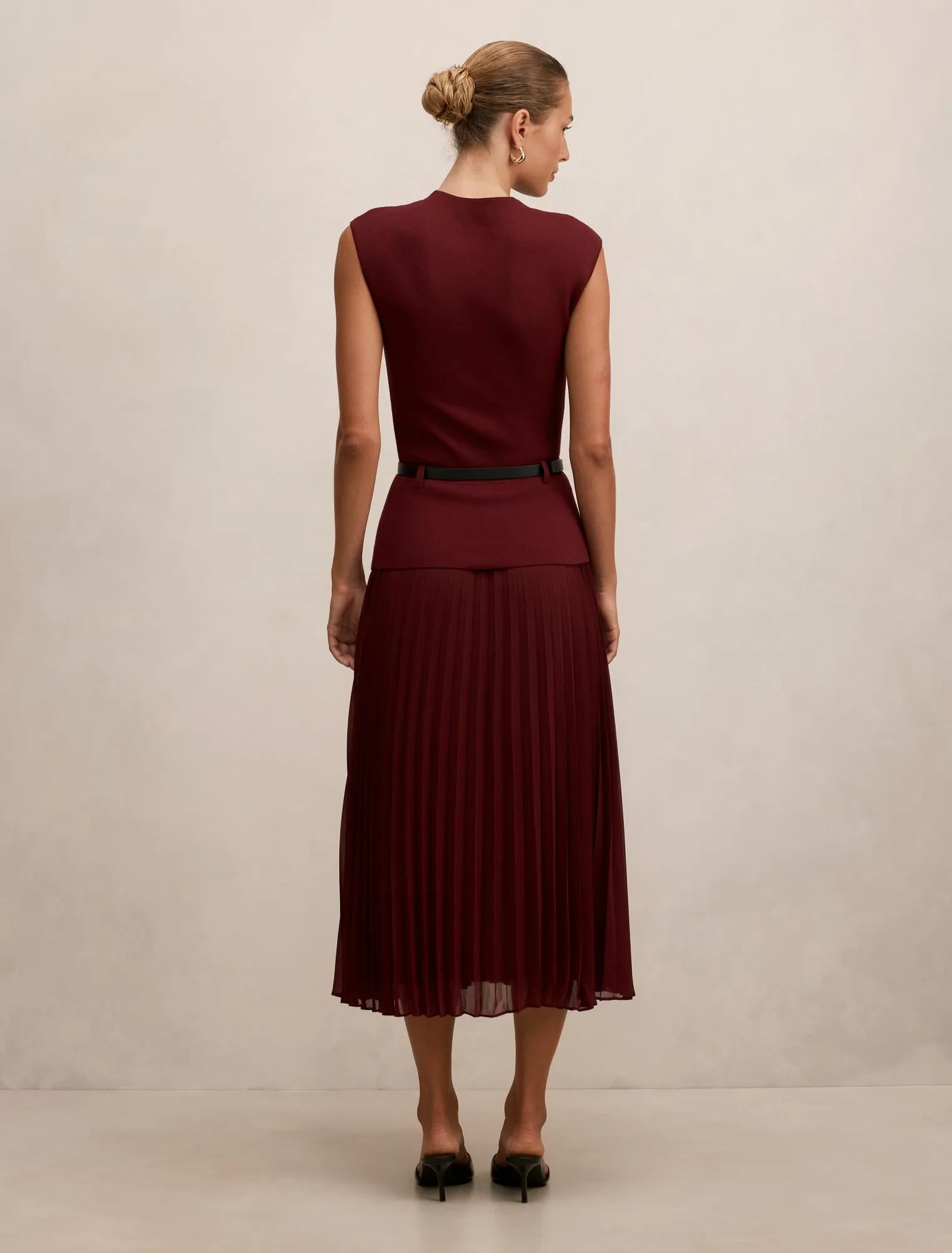 Lorelei Woven Mixed Midi Dress Burgundy Rose