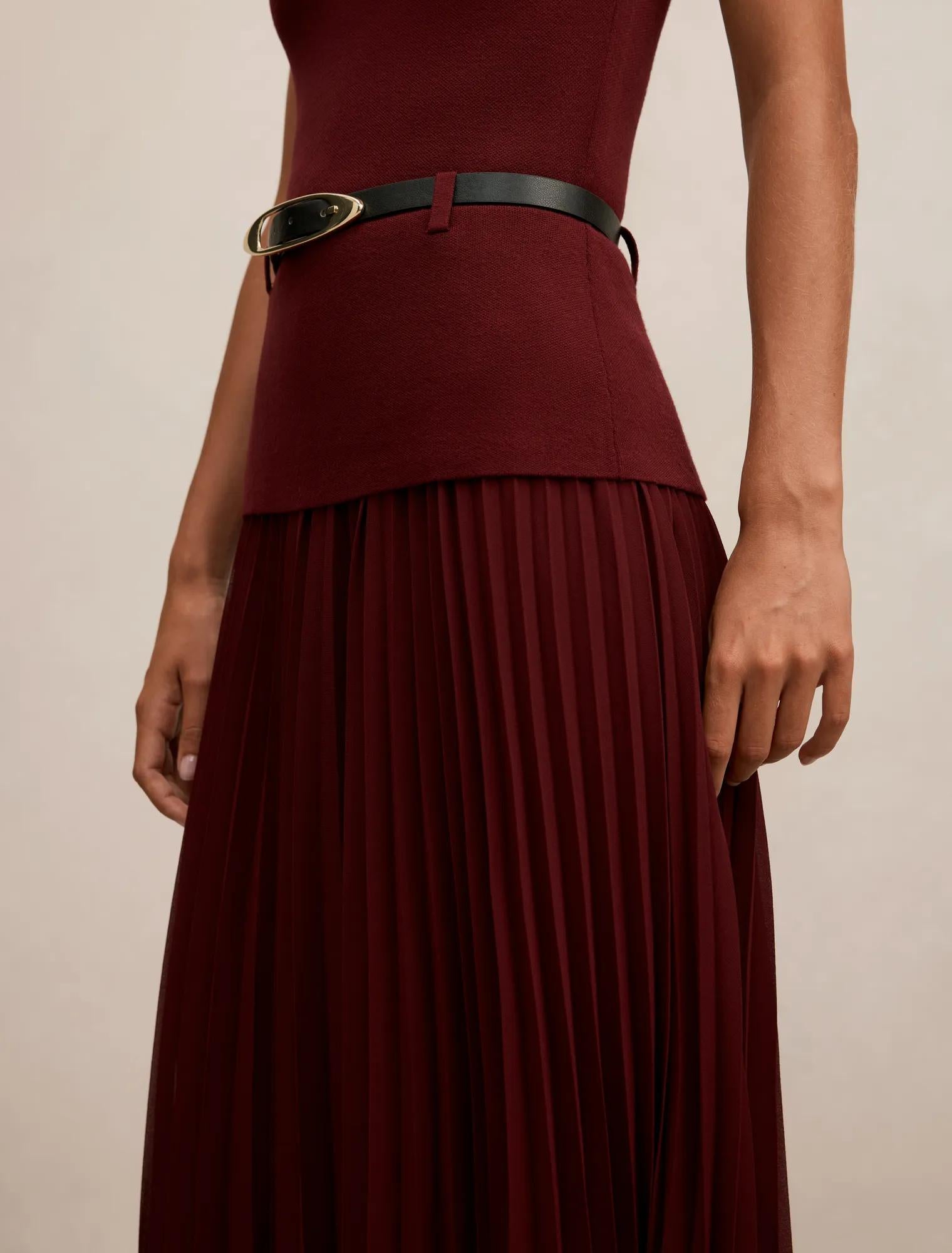 Lorelei Woven Mixed Midi Dress Burgundy Rose