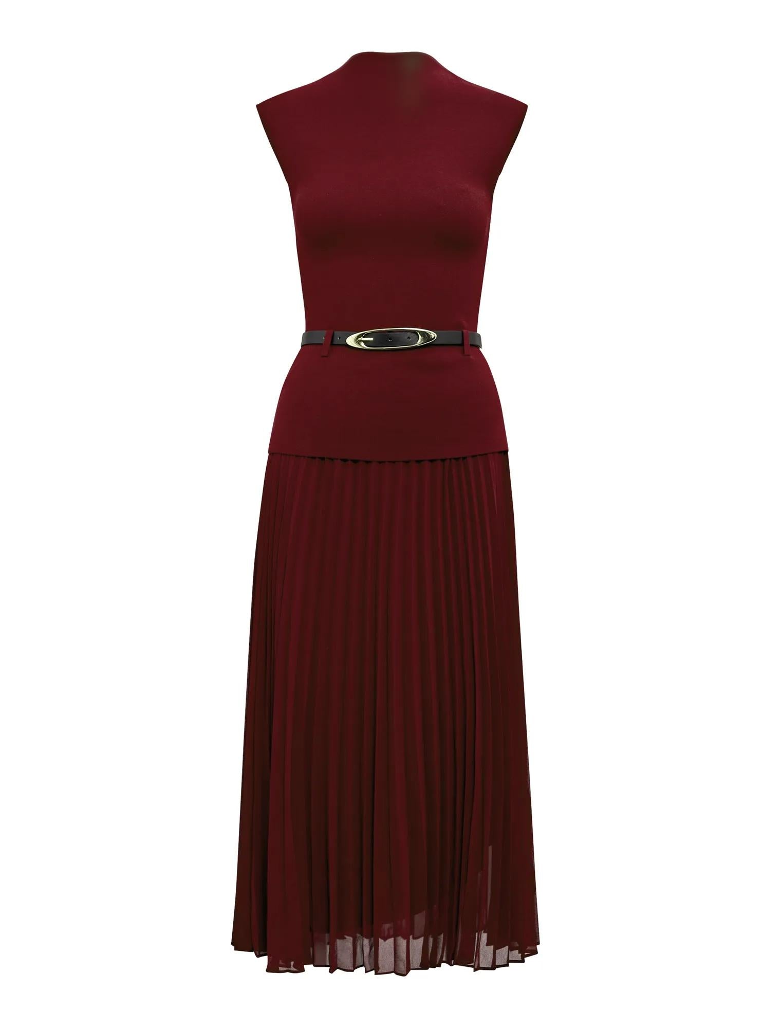 Lorelei Woven Mixed Midi Dress Burgundy Rose_mannequin