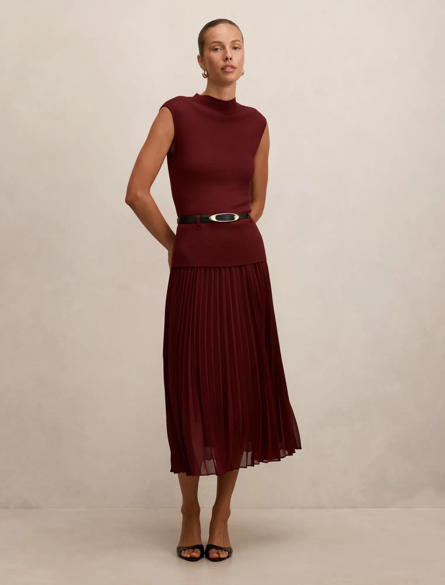 Lorelei Woven Mixed Midi Dress Burgundy Rose