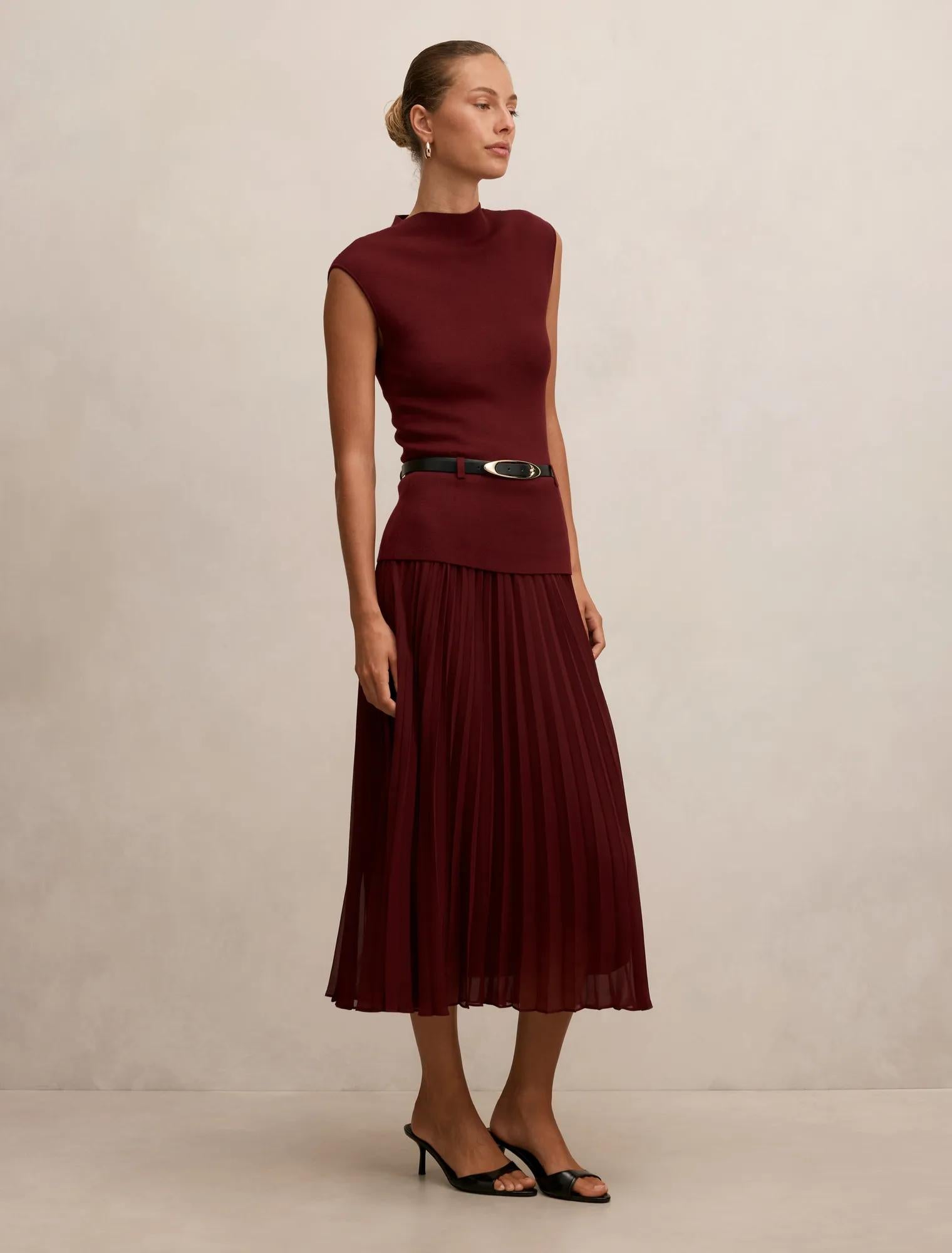 Lorelei Woven Mixed Midi Dress Burgundy Rose