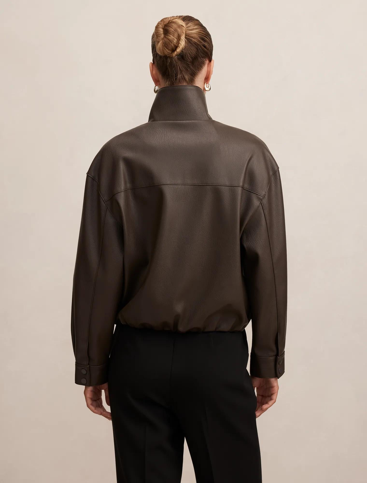 Angela Funnel Neck Faux Leather Bomber Jacket Chocolate