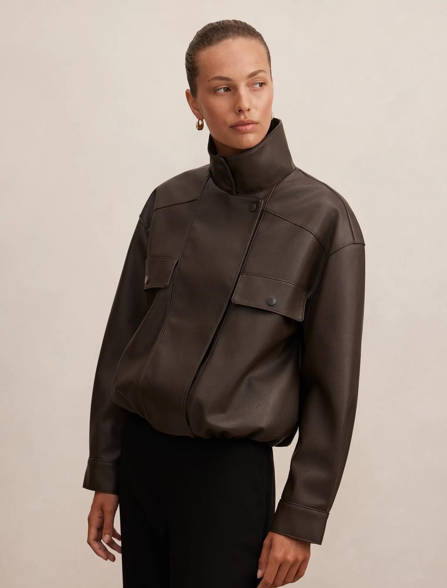 Angela Funnel Neck Faux Leather Bomber Jacket Chocolate