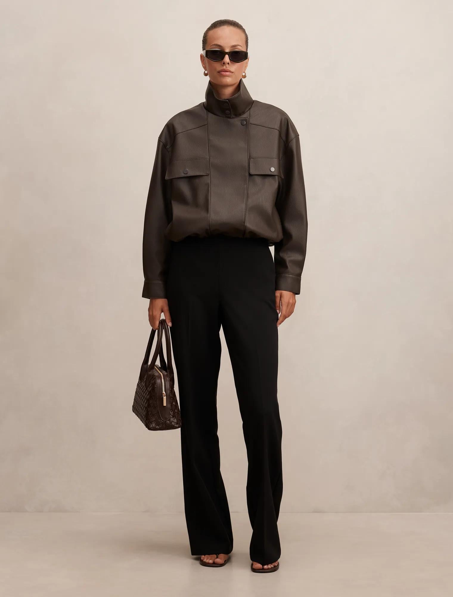 Angela Funnel Neck Faux Leather Bomber Jacket Chocolate