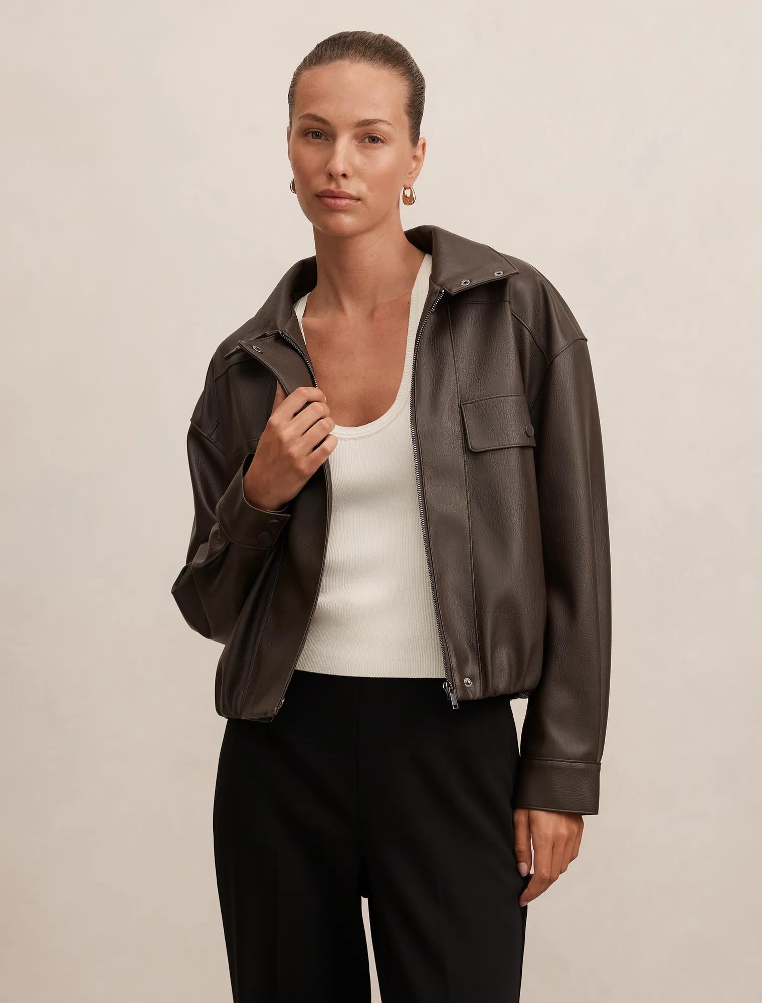 Angela Funnel Neck Faux Leather Bomber Jacket Chocolate