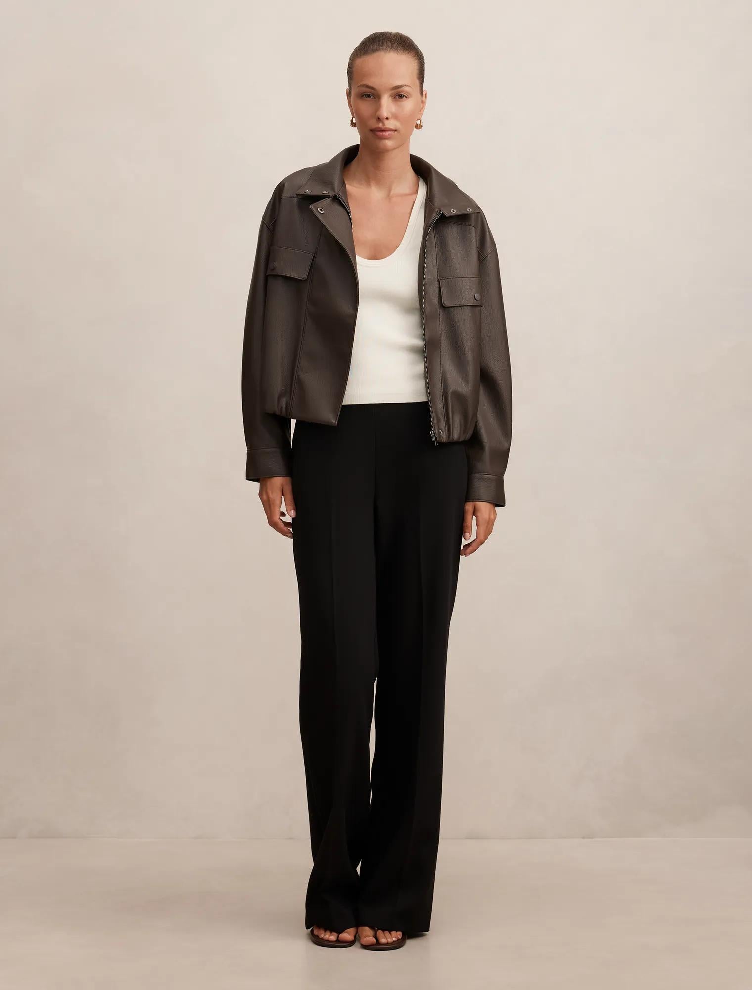 Angela Funnel Neck Faux Leather Bomber Jacket Chocolate