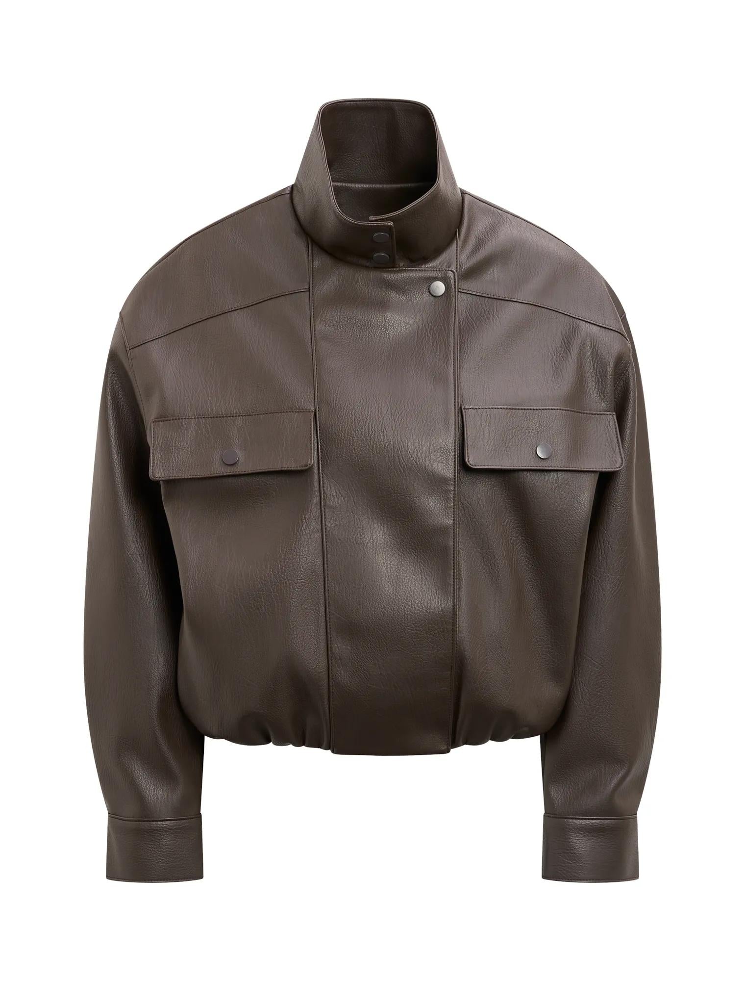 Angela Funnel Neck Faux Leather Bomber Jacket Chocolate_mannequin