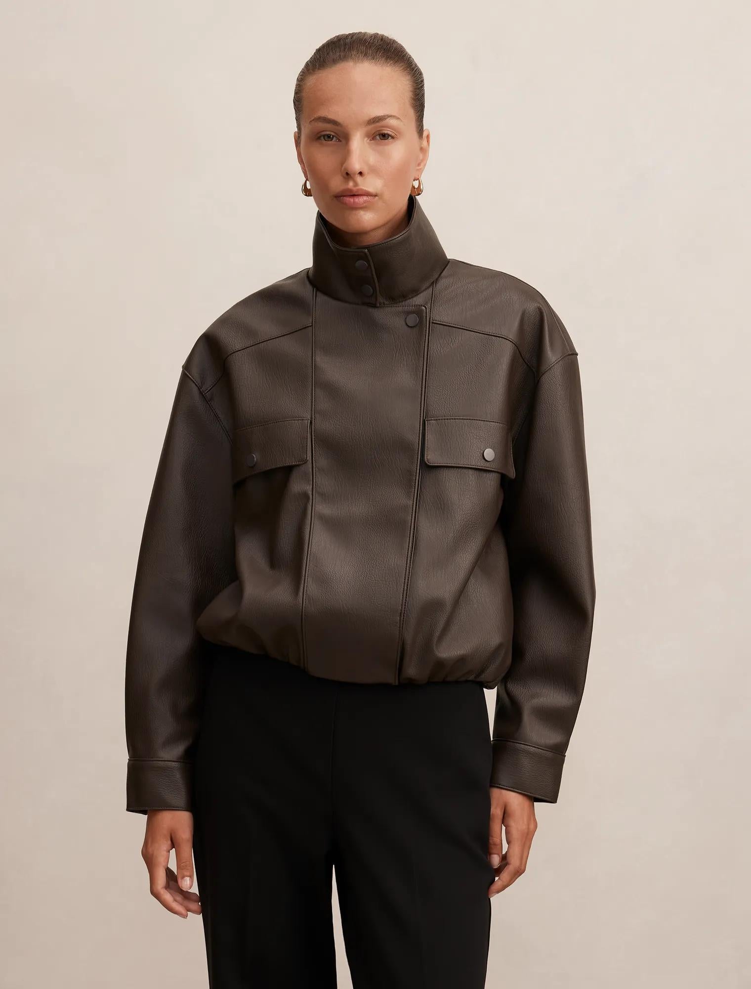 Angela Funnel Neck Faux Leather Bomber Jacket Chocolate