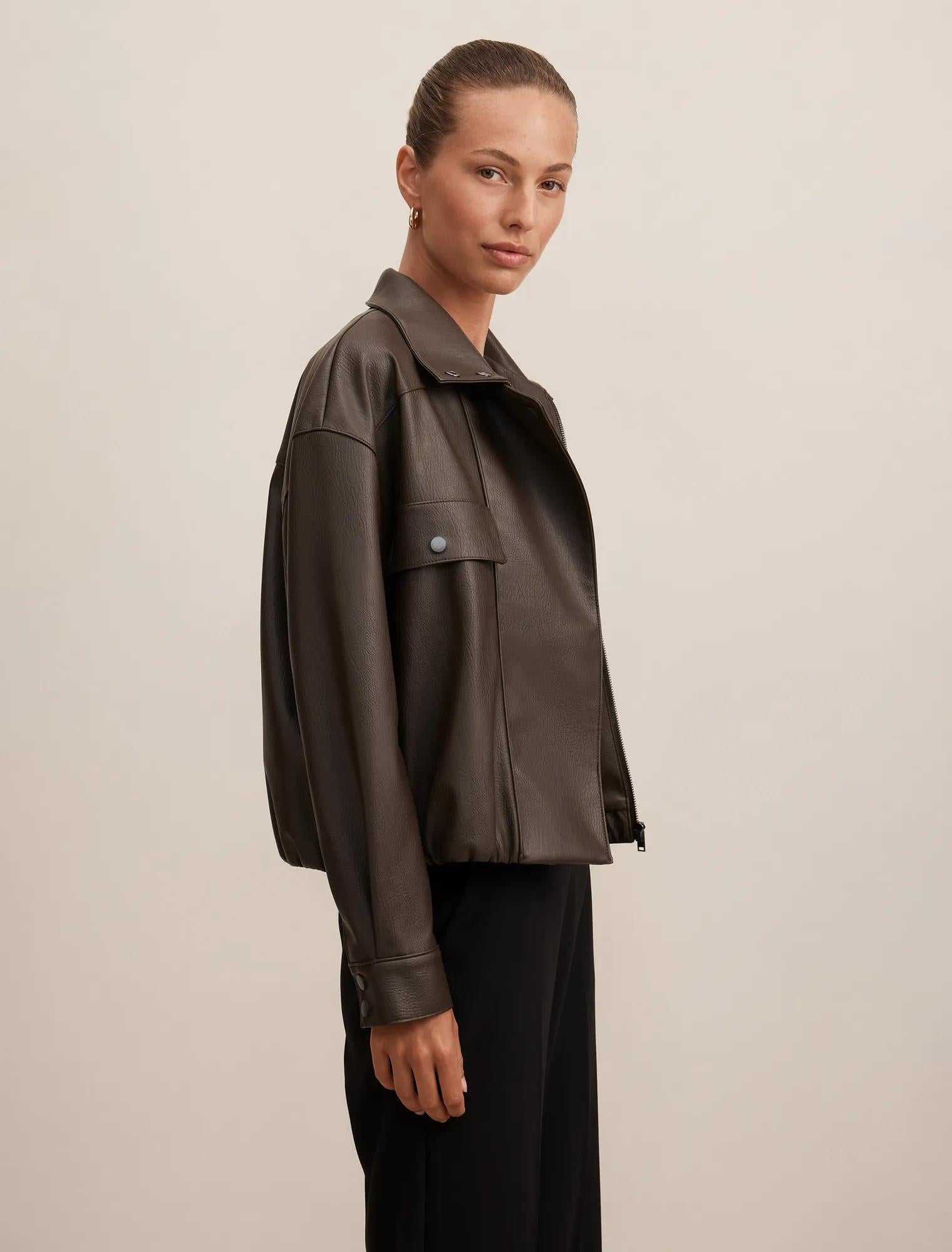 Angela Funnel Neck Faux Leather Bomber Jacket Chocolate