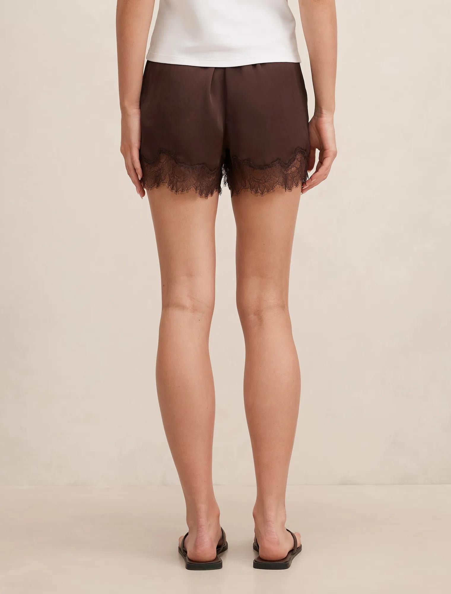 Jessica Lace Trim Satin Shorts Chocolate