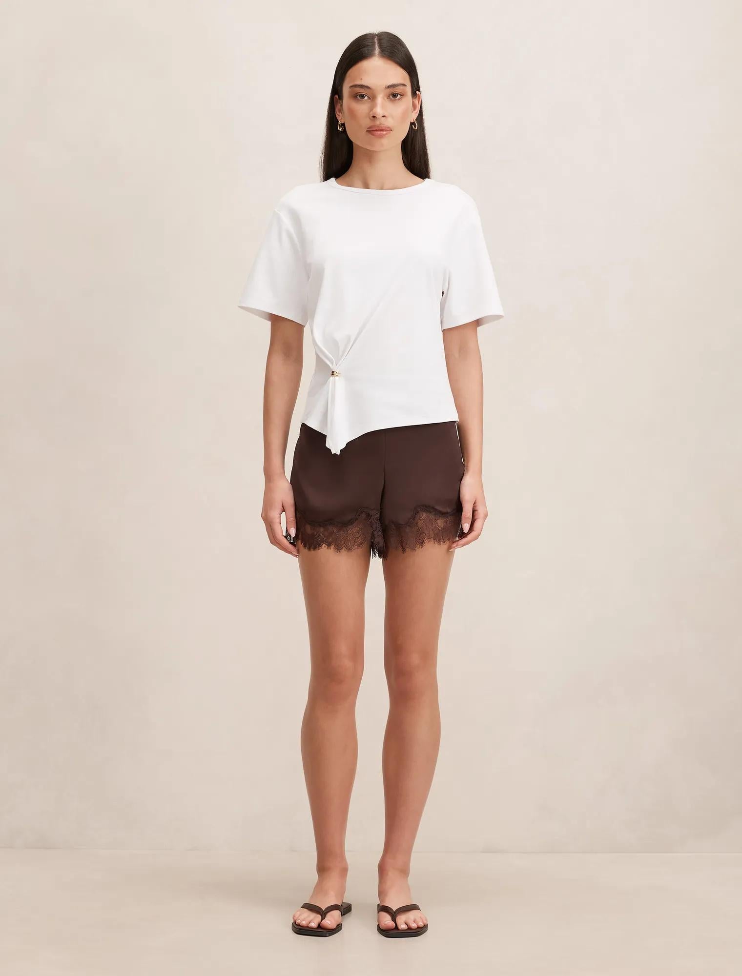 Jessica Lace Trim Satin Shorts Chocolate