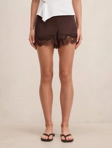 Jessica Lace Trim Satin Shorts Chocolate