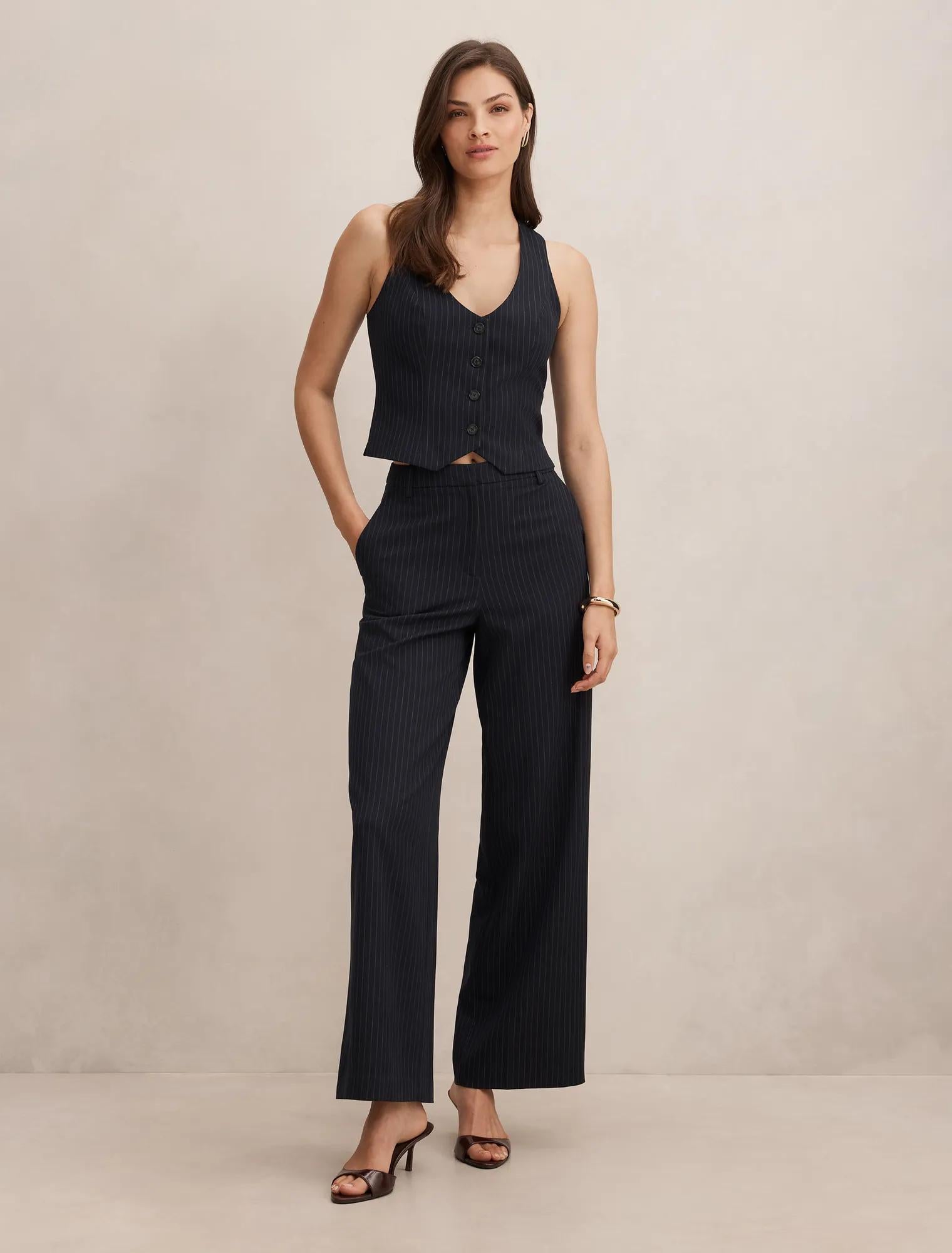 Paloma Pinstripe Wide Leg Pant Navy Pinstripe Suit
