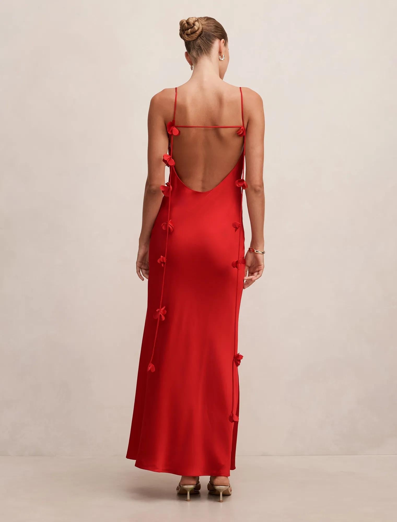 Amery 3D Floral Satin Maxi Dress True Red