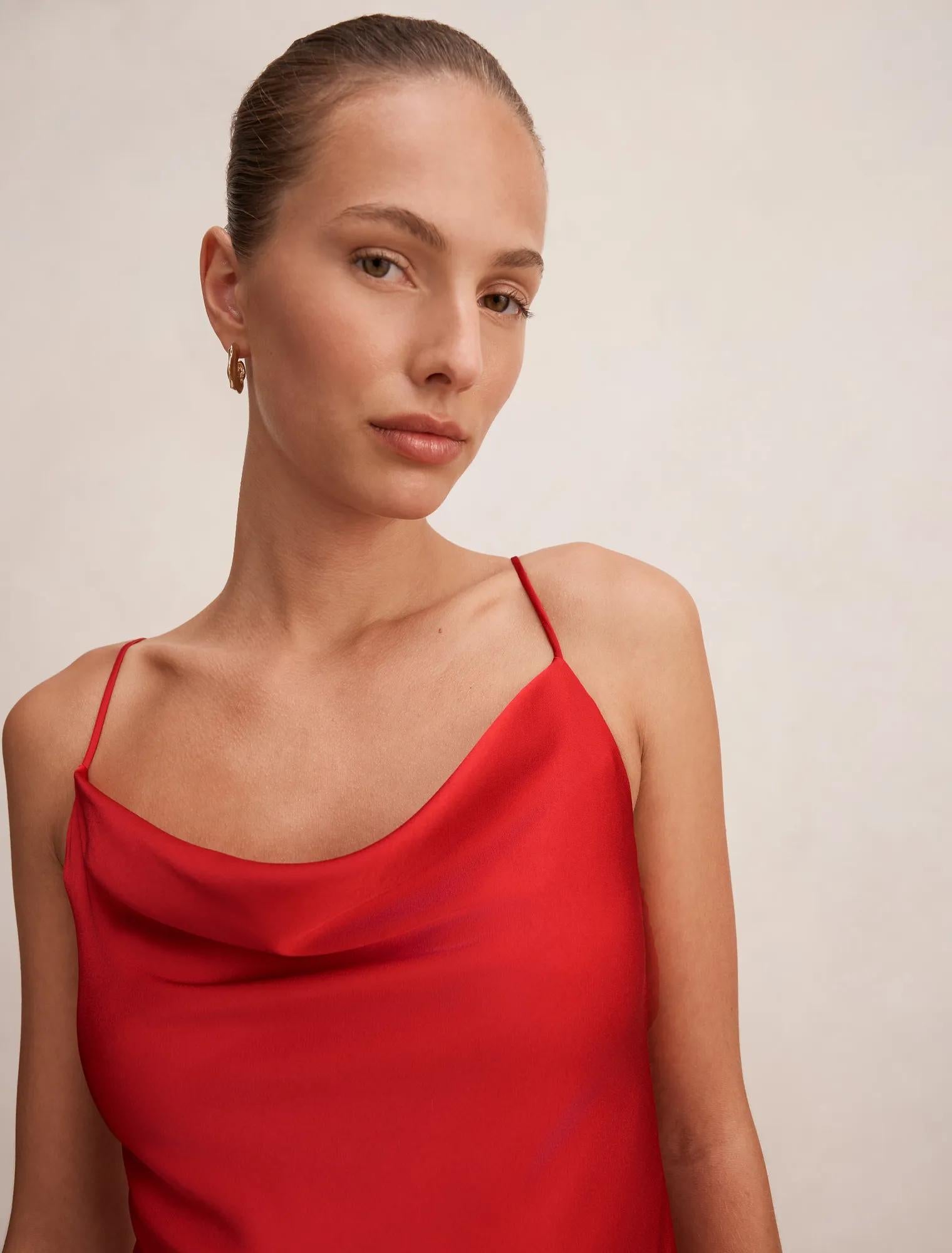 Amery 3D Floral Satin Maxi Dress True Red