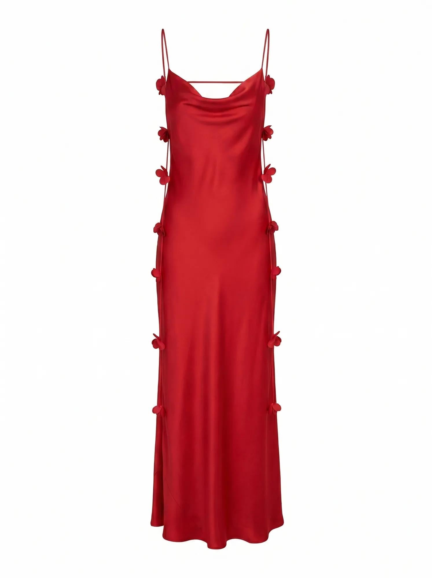 Amery 3D Floral Satin Maxi Dress True Red