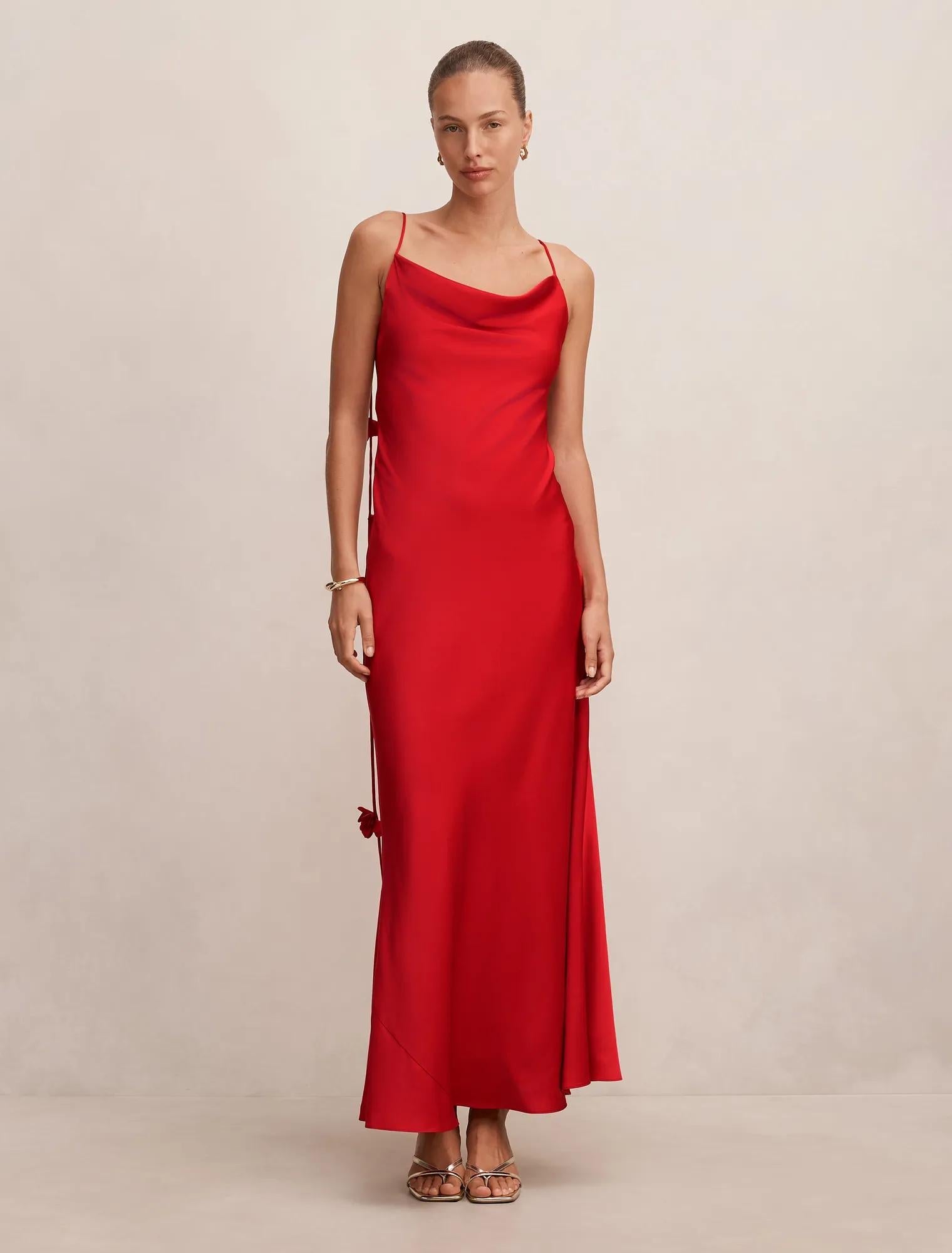 Amery 3D Floral Satin Maxi Dress True Red