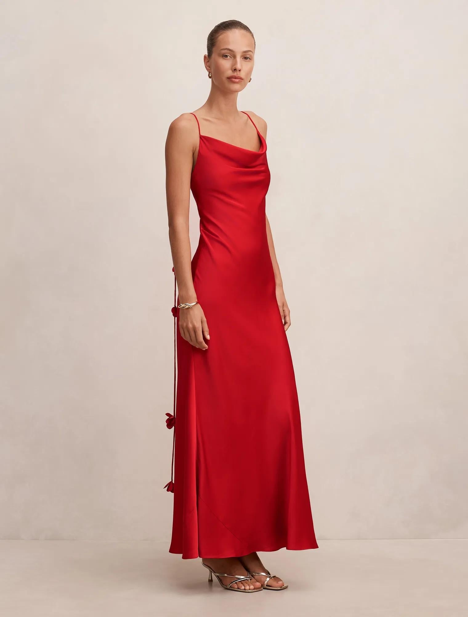 Amery 3D Floral Satin Maxi Dress True Red