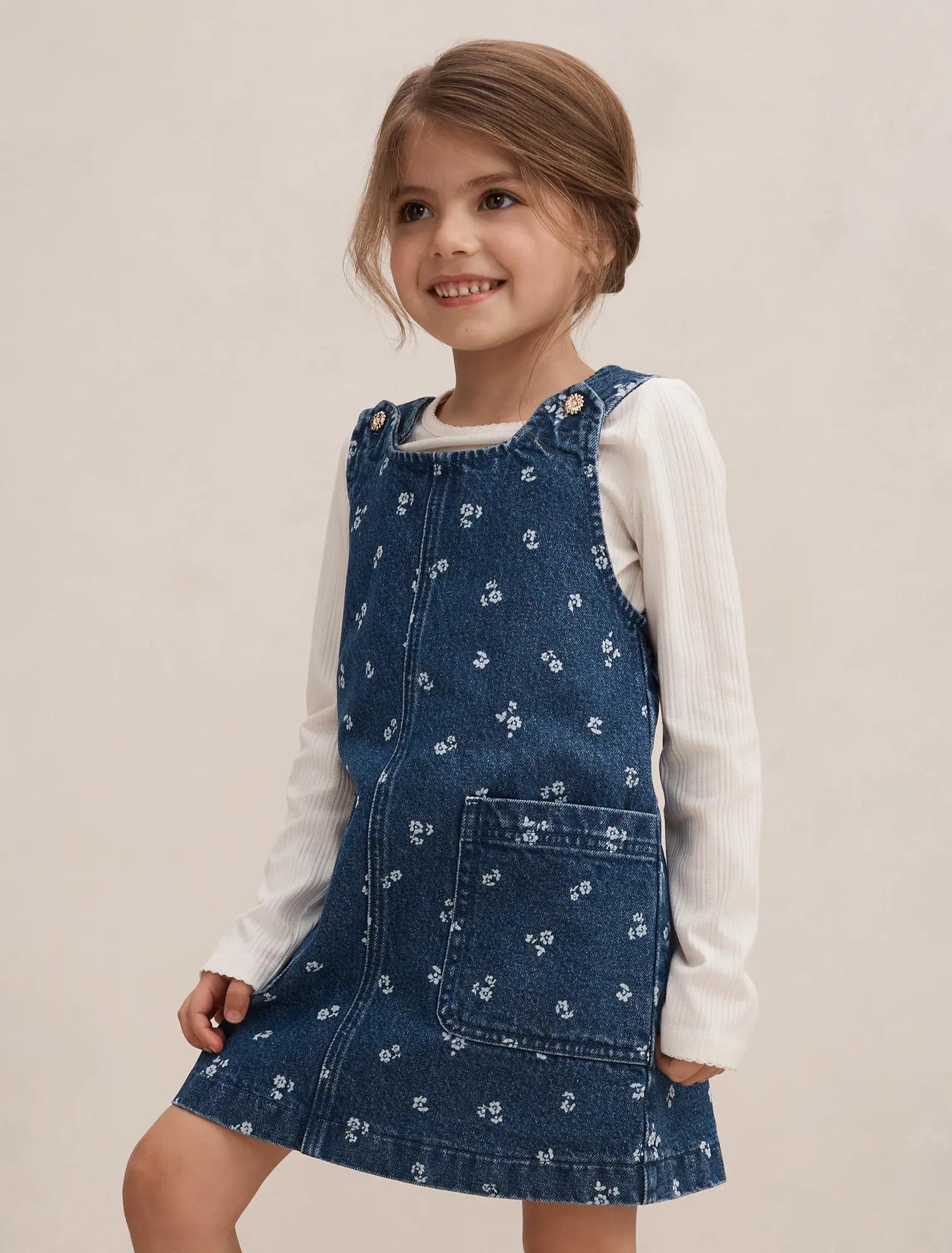 Adeline Girls Denim Pinafore Dress Dark Wash