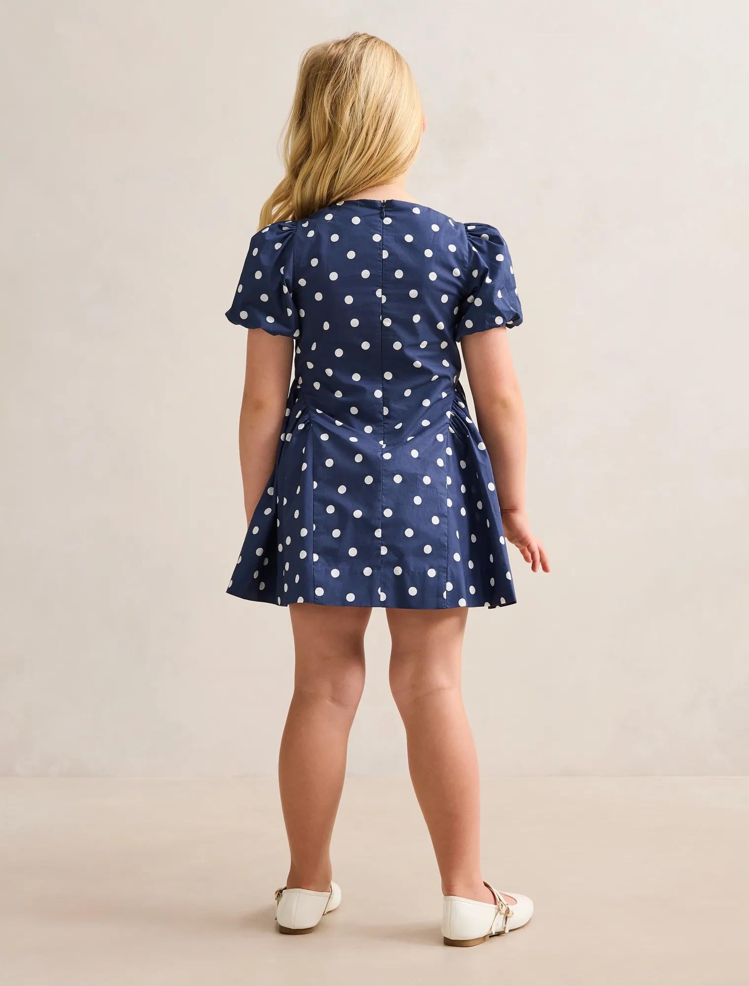 Juliette Girls Puff Sleeve Dress Navy Spot