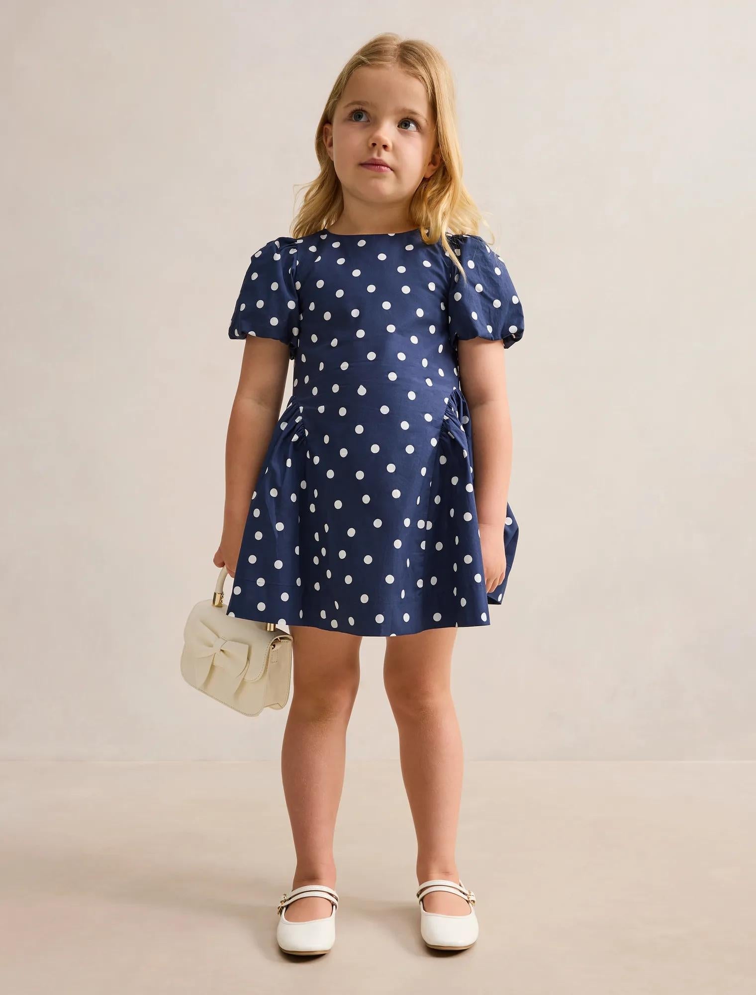 Juliette Girls Puff Sleeve Dress Navy Spot