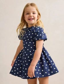 Juliette Girls Puff Sleeve Dress Navy Spot