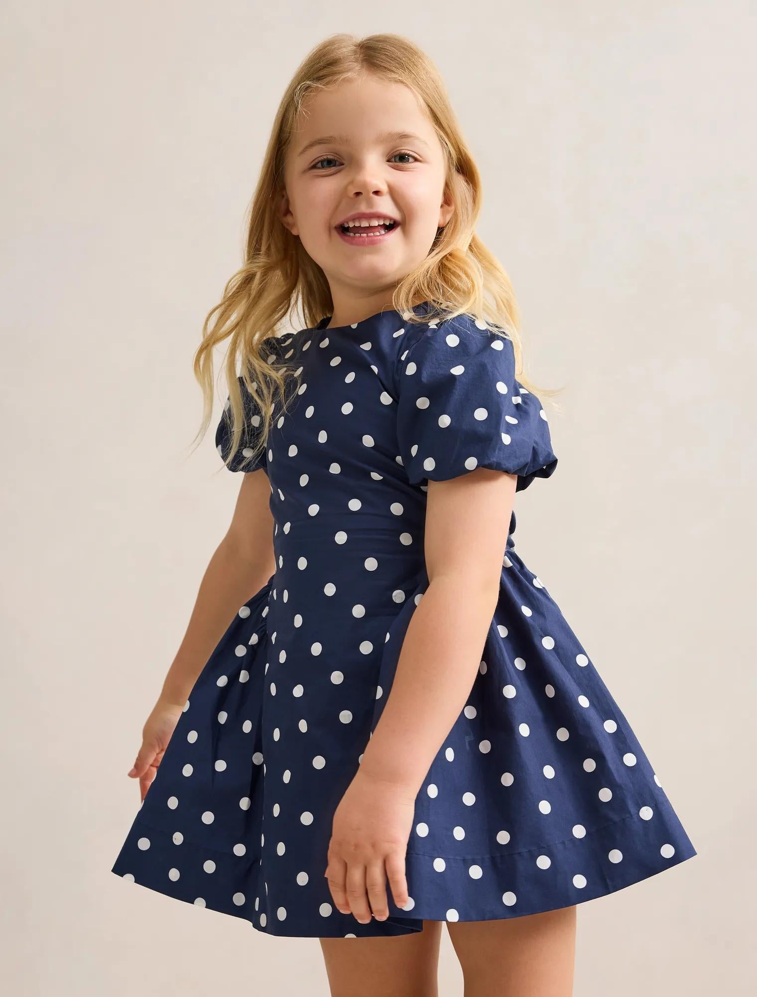Juliette Girls Puff Sleeve Dress Navy Spot