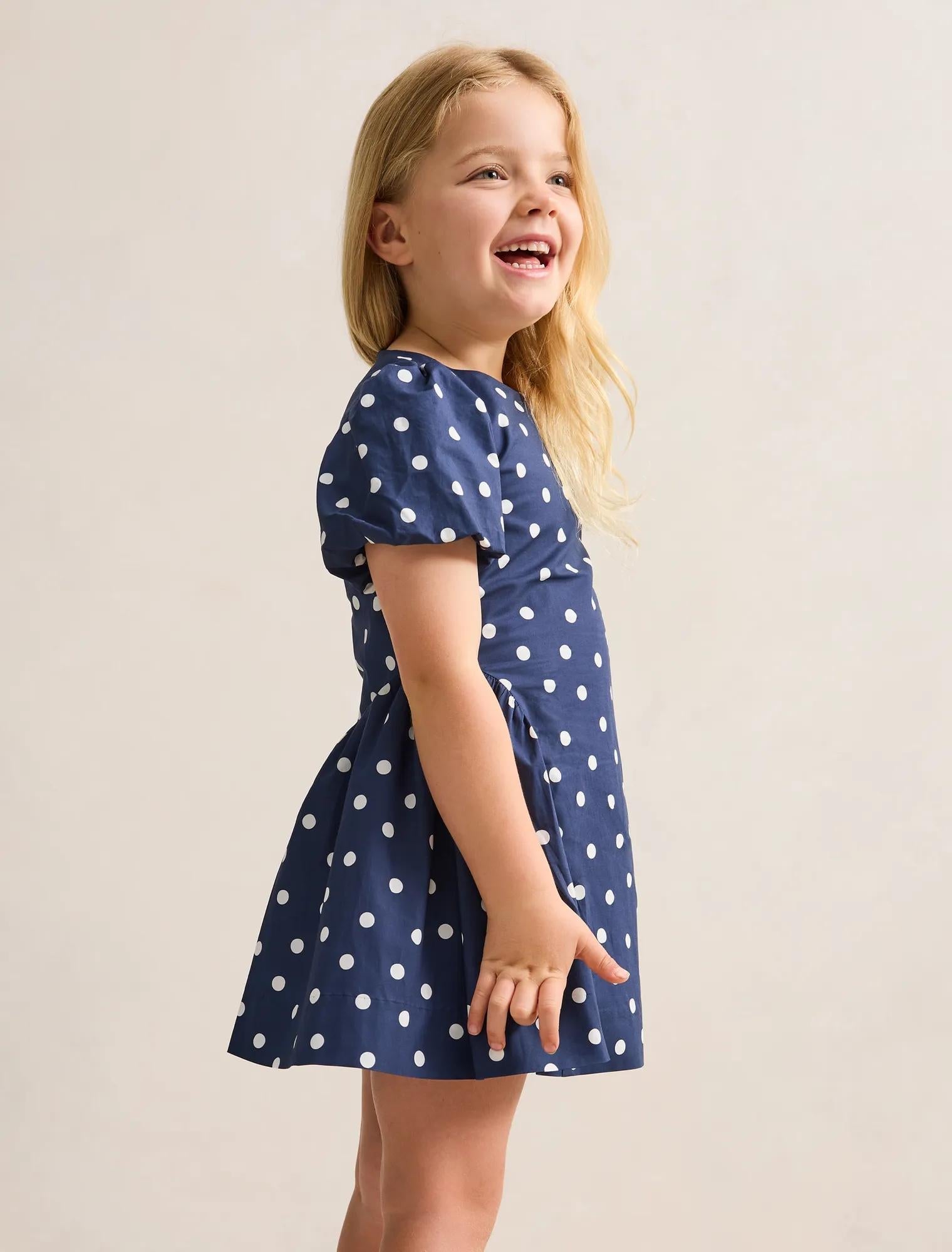 Juliette Girls Puff Sleeve Dress Navy Spot