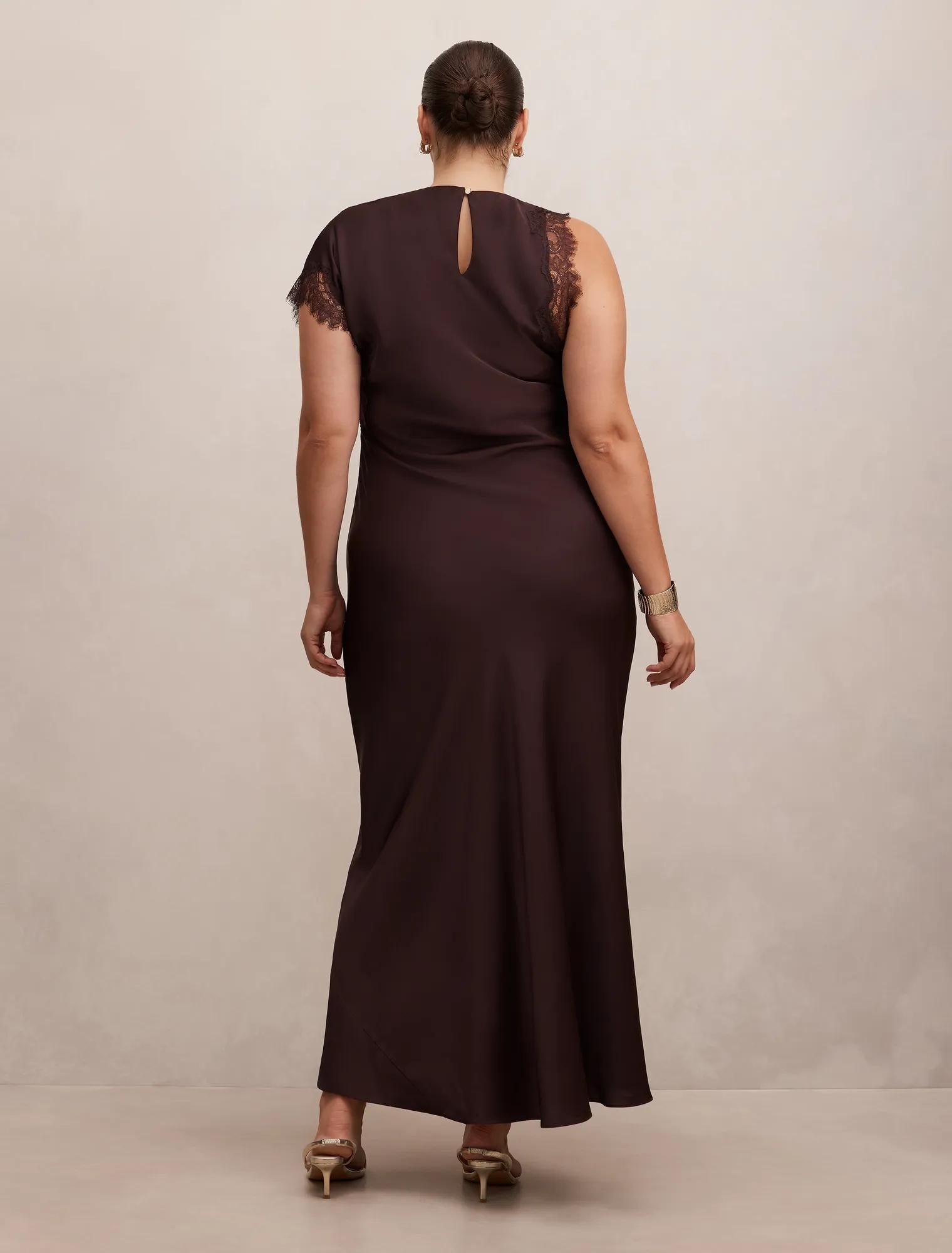 Kody Curve Satin Lace Asymmetric Dress Dark Chocolate