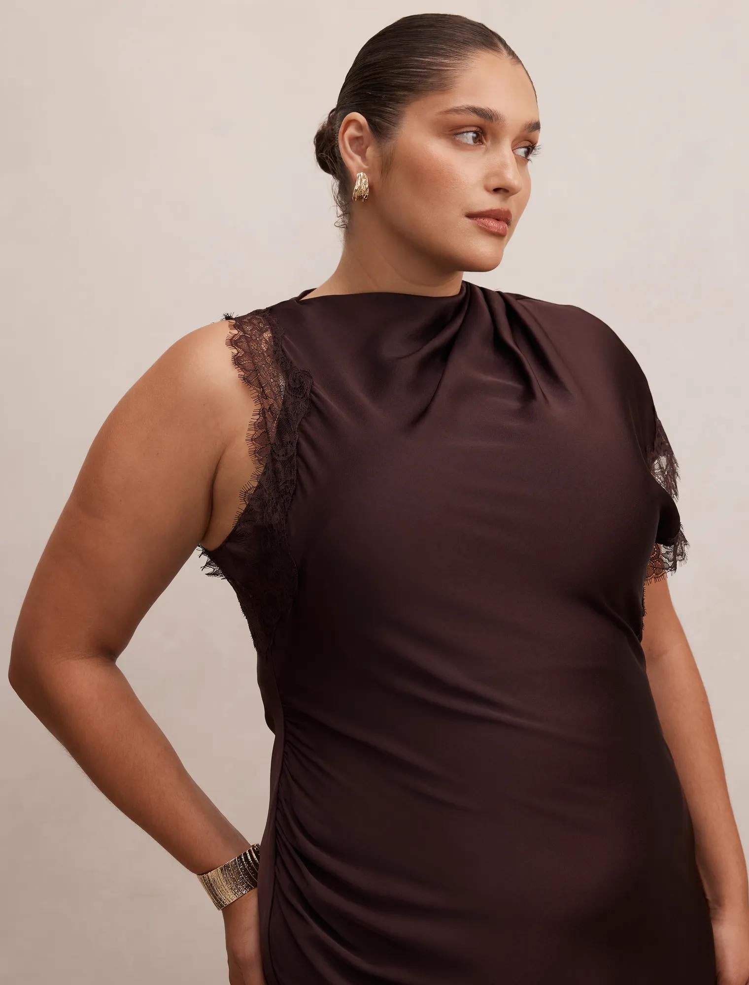 Kody Curve Satin Lace Asymmetric Dress Dark Chocolate