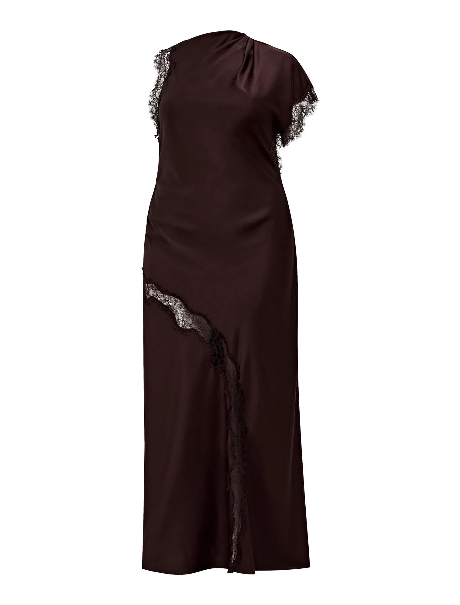 Kody Curve Satin Lace Asymmetric Dress Dark Chocolate_mannequin