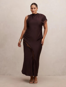 Kody Curve Satin Lace Asymmetric Dress Dark Chocolate
