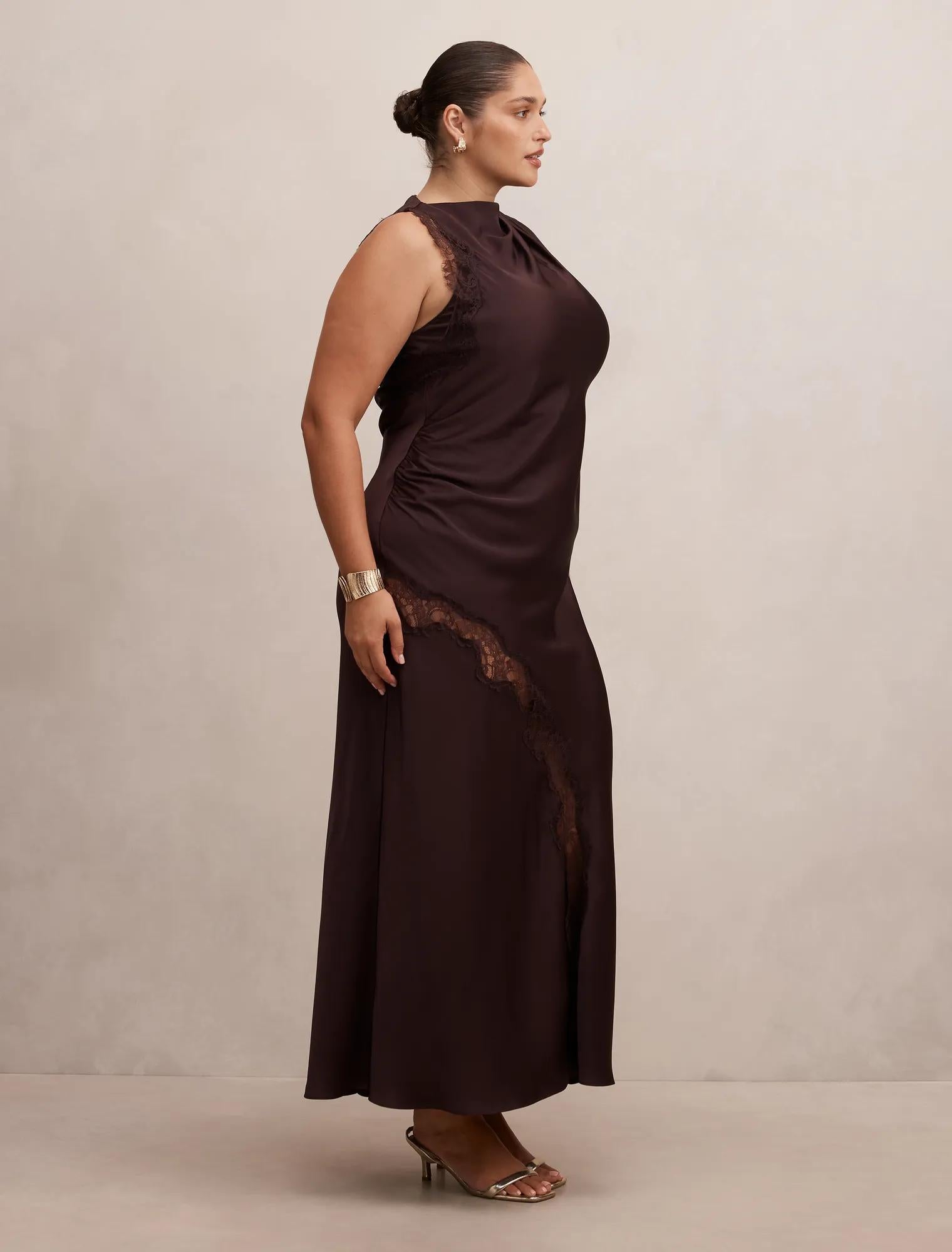Kody Curve Satin Lace Asymmetric Dress Dark Chocolate