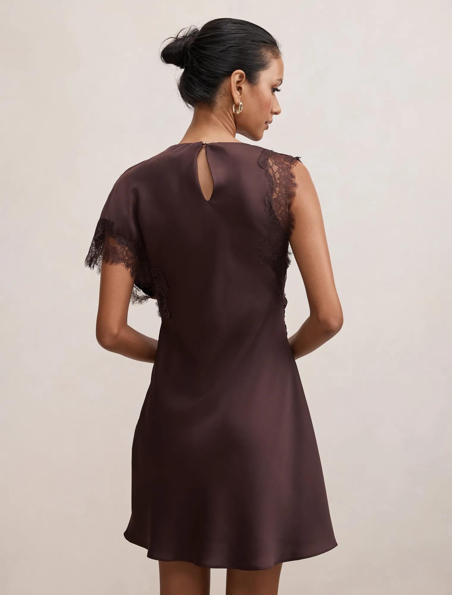 Giselle Petite Satin Lace Mini Dress Dark Chocolate