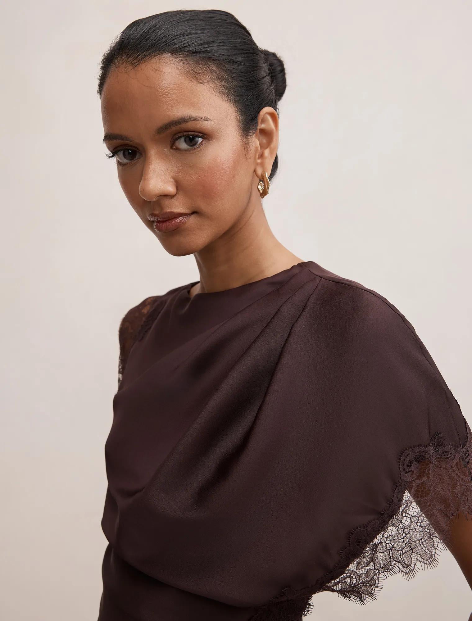 Giselle Petite Satin Lace Mini Dress Dark Chocolate