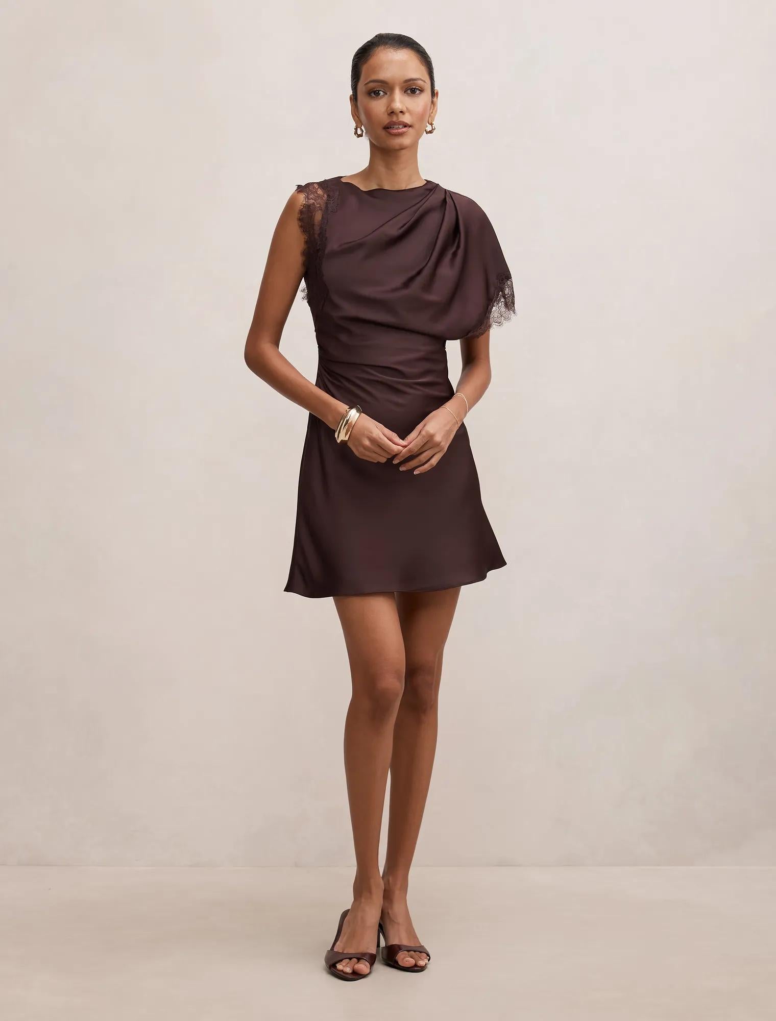 Giselle Petite Satin Lace Mini Dress Dark Chocolate