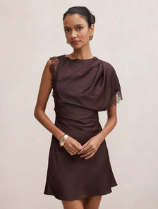 Giselle Petite Satin Lace Mini Dress Dark Chocolate