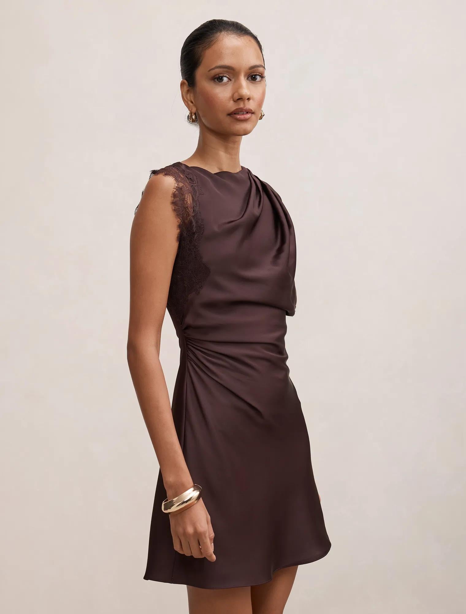 Giselle Petite Satin Lace Mini Dress Dark Chocolate