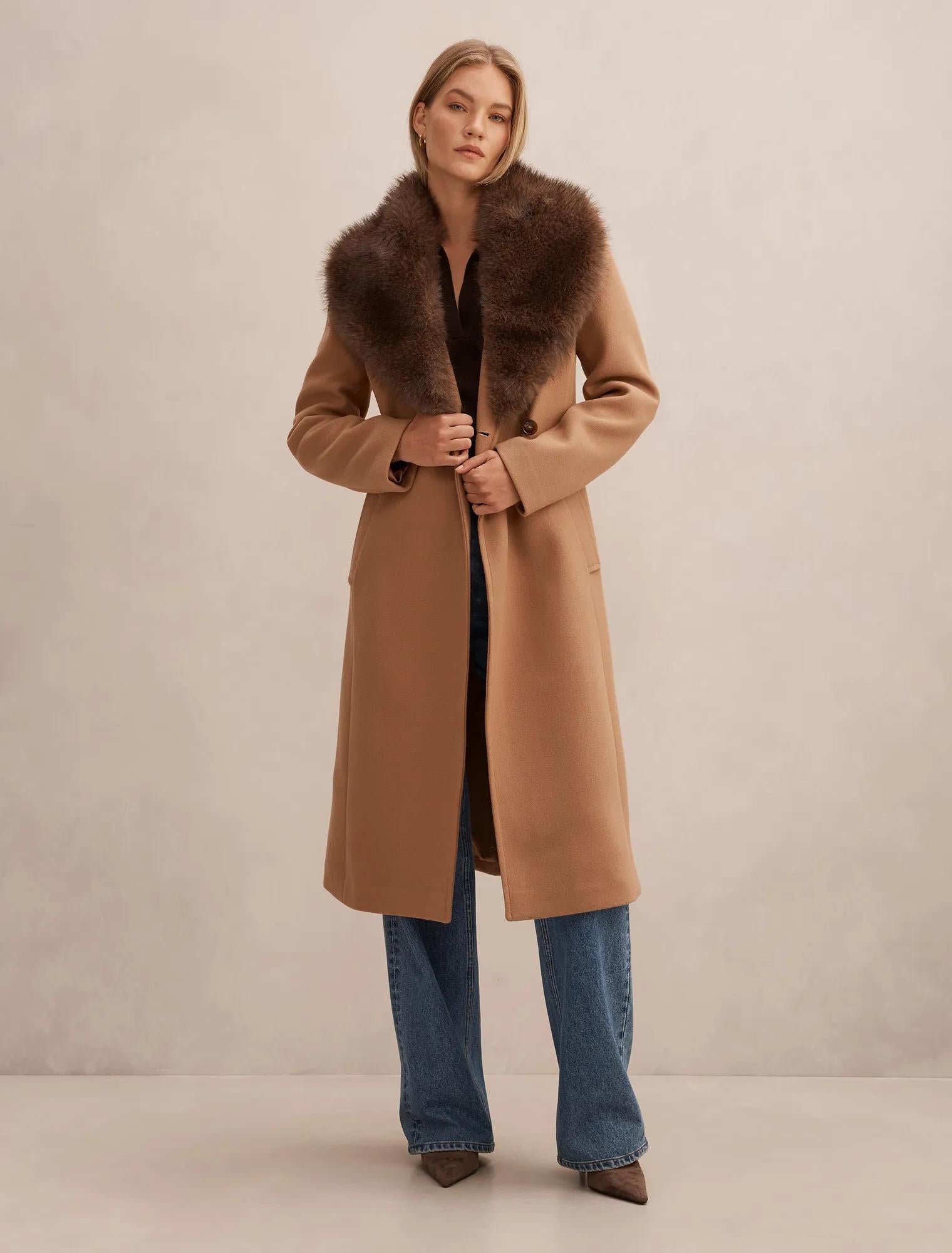 Shelby Fur Collar Coat Camel/Choc