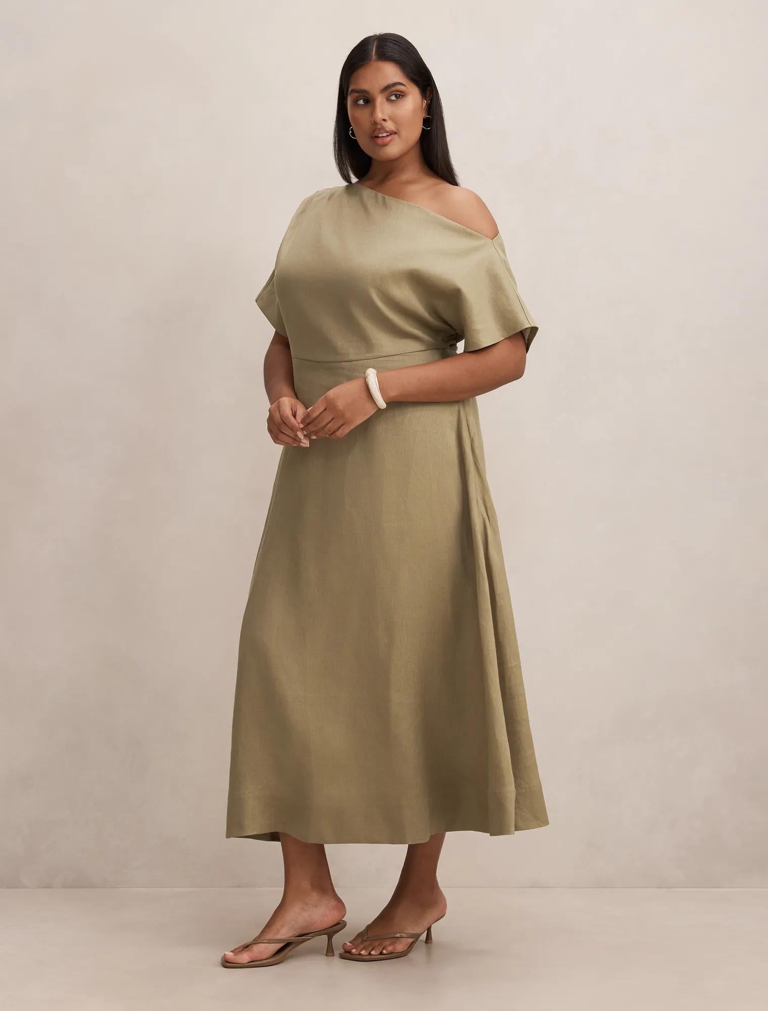 Elissa Curve Tipped Shoulder Midi Dress Covert Green