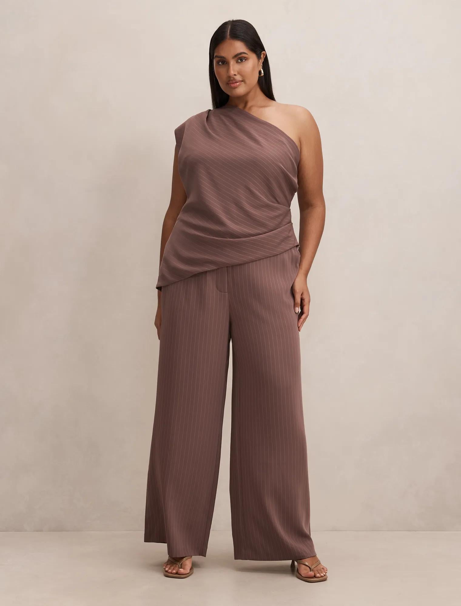 Willow Curve Asymmetrical Tuck Top Mocha Pinstripe Set