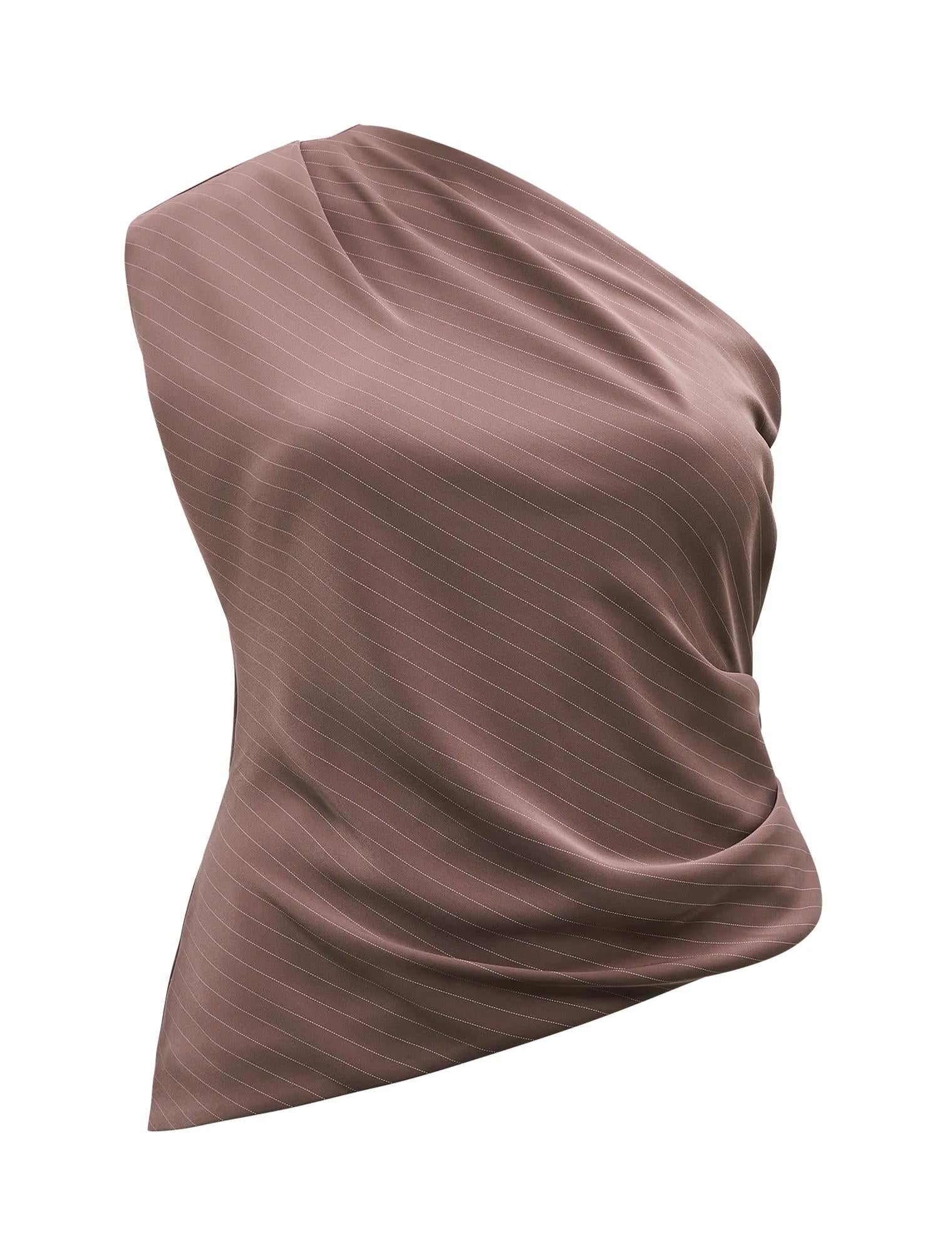 Willow Curve Asymmetrical Tuck Top Mocha Pinstripe Set_mannequin
