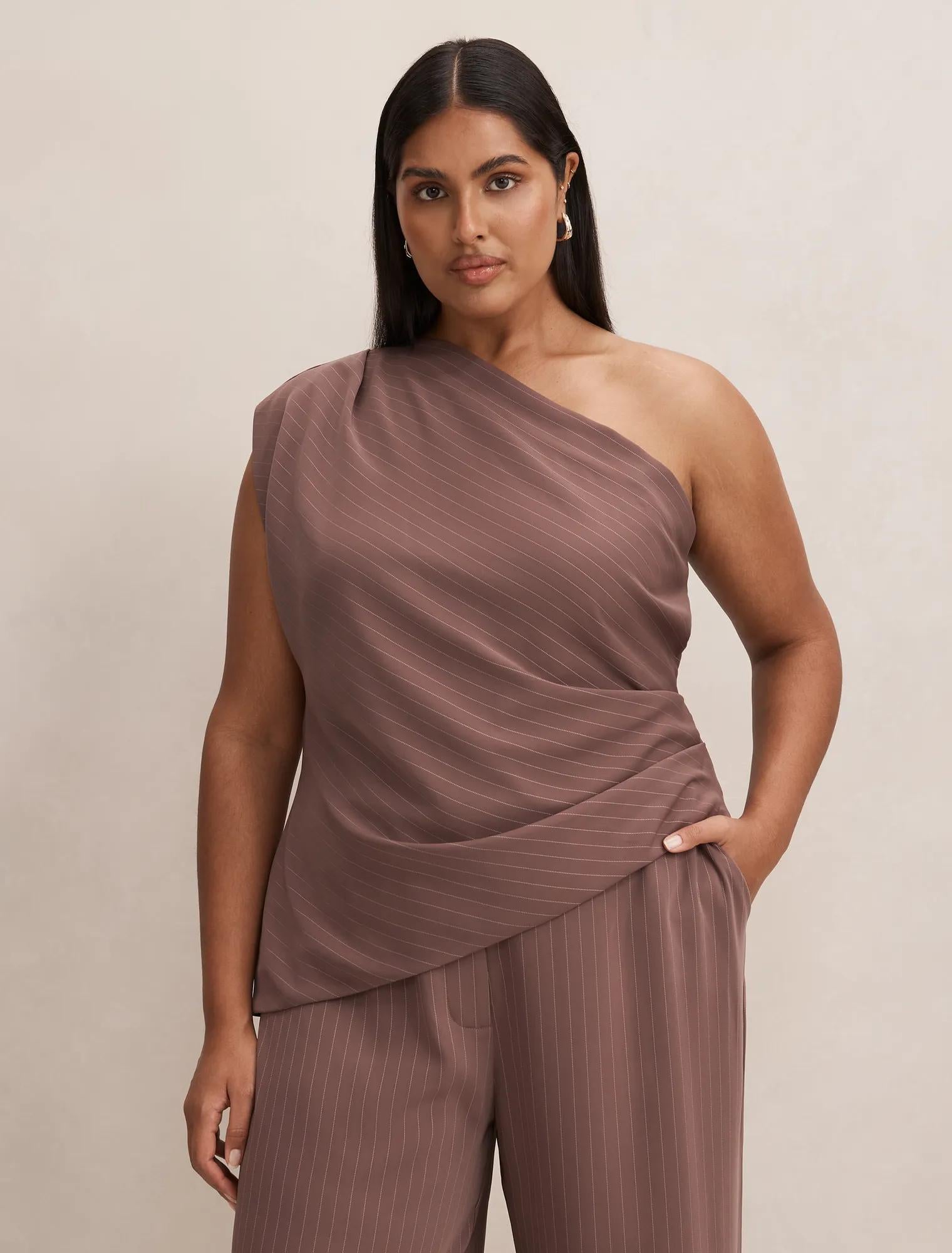 Willow Curve Asymmetrical Tuck Top Mocha Pinstripe Set