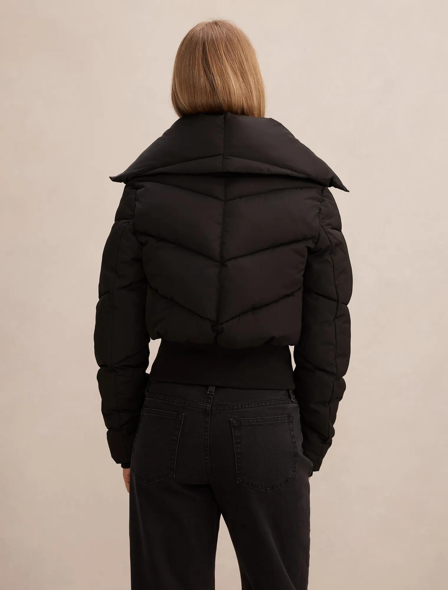 Evie Cropped Rib Detail Puffer Jacket Black