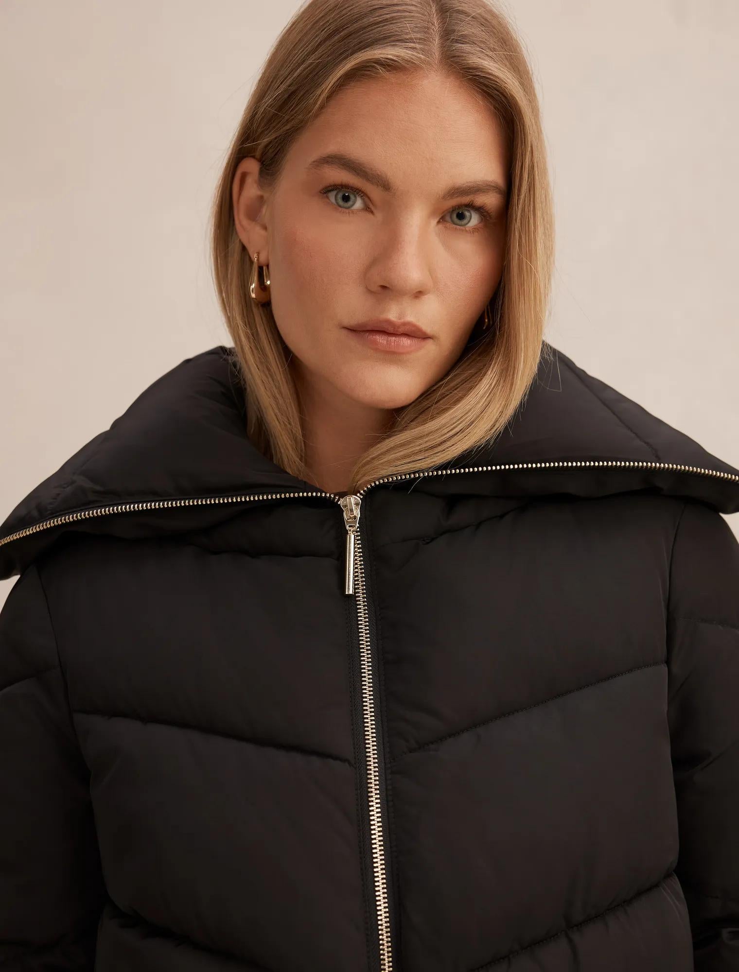 Evie Cropped Rib Detail Puffer Jacket Black