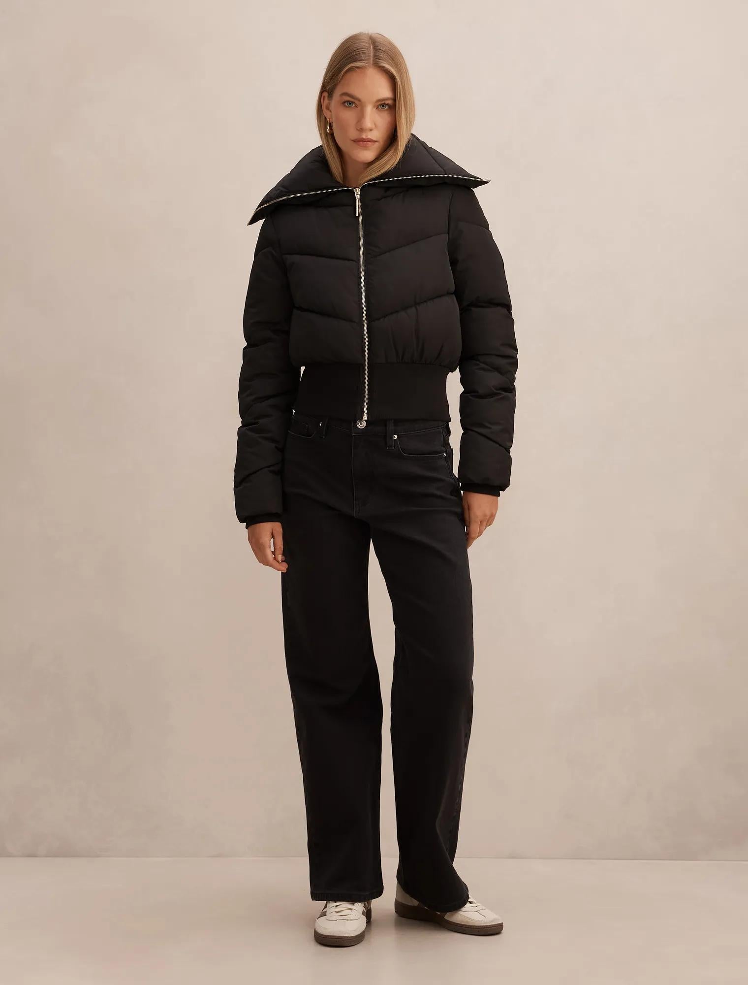 Evie Cropped Rib Detail Puffer Jacket Black