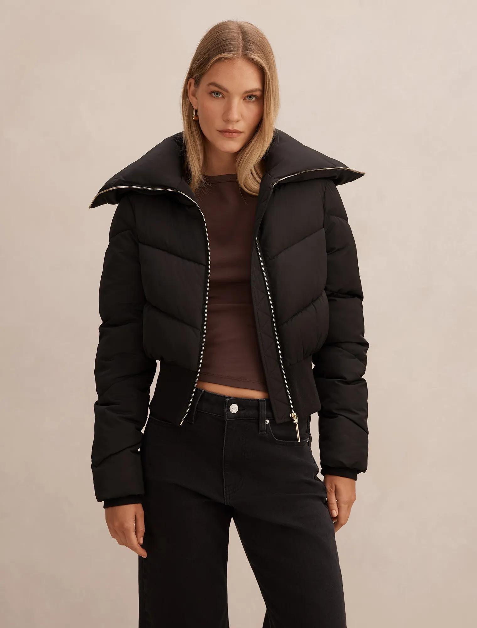 Evie Cropped Rib Detail Puffer Jacket Black